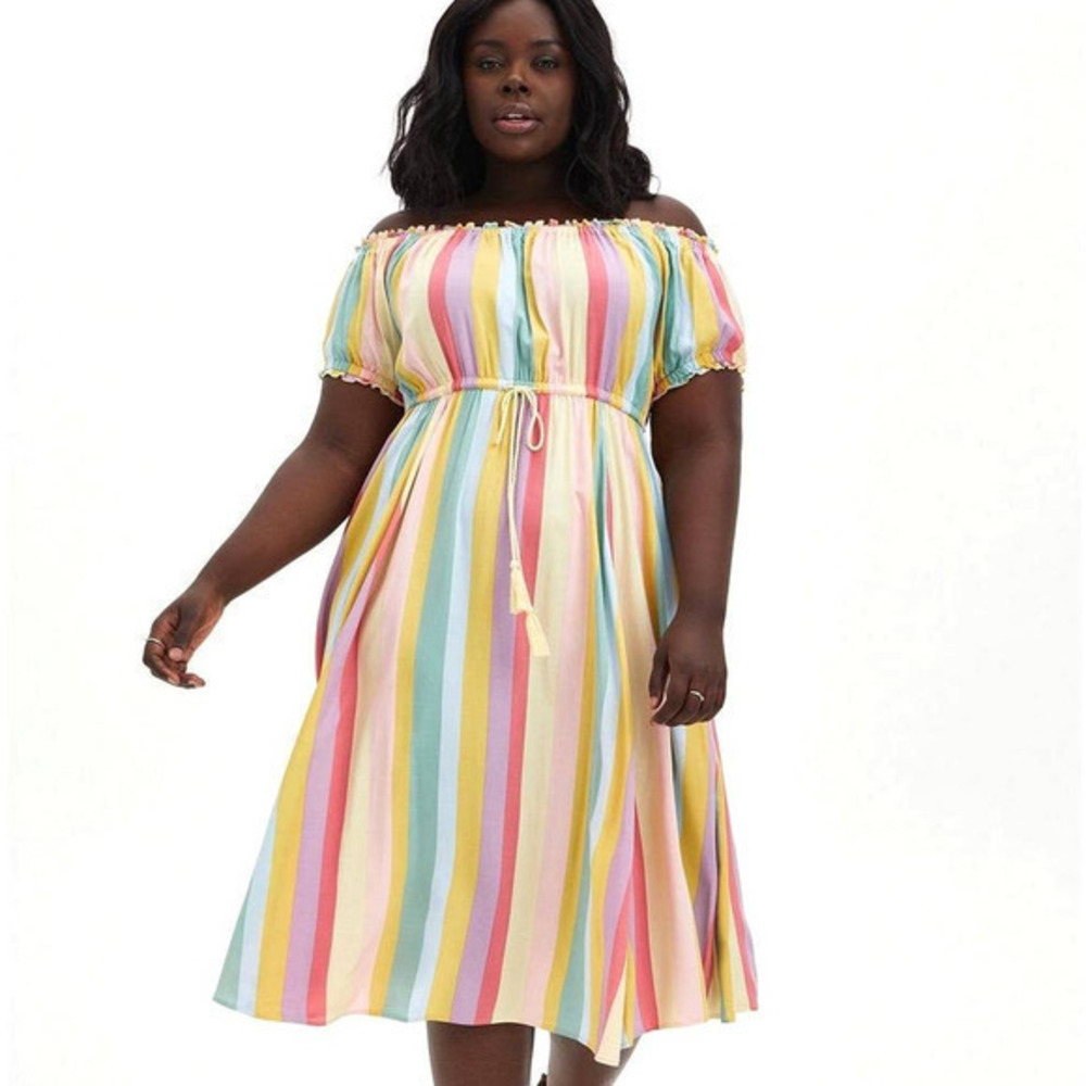 Torrid 4 (4X‎ 26) Pastel Rainbow Striped Challis Off Shoulder Midi Peasant Dress
